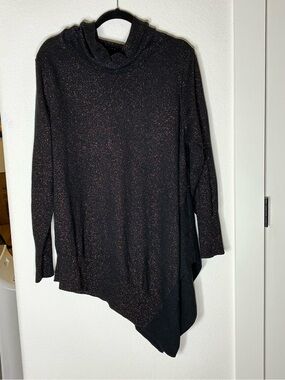 Alfani Black Metallic Cowl‑Neck Sweater — Asymmetrical Hem (XL, Like New)